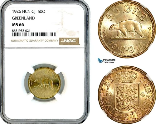 AL046, Greenland, Christian X of Denmark, 50 Øre 1926 HCN GJ, NGC MS66