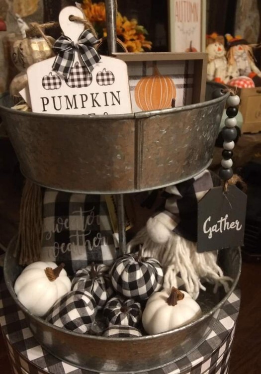 New Set 8 Fall White Black Buffalo Plaid Check Pumpkins Table Decor Vase Filler