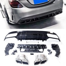 Rear Bumper Diffuser Lip + Exhaust Pipe Kit Silver For Benz C Class W205 2015-21