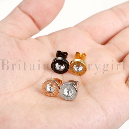Men Women Stainless Steel Cubic Zirconia Round Roman Numerals Stud Earrings - 第 5/13 張圖片