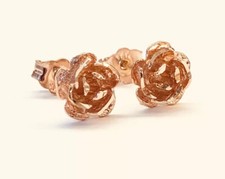 14k Solid Rose Gold Rose Flower Stud Earrings Push Back 7 MM