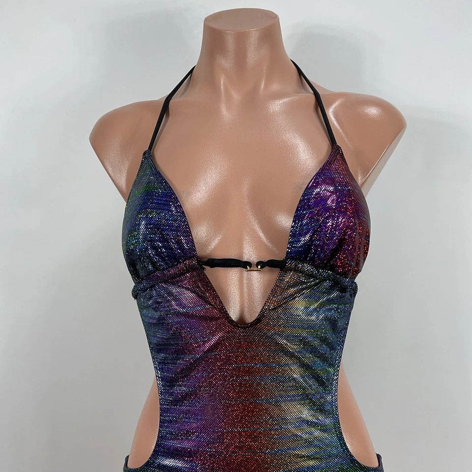 Vintage Guess NWOT Rainbow Sequin Y2K Monokini Swimsuit S USA MADE Rave Bodysuit - Image 3 of 4