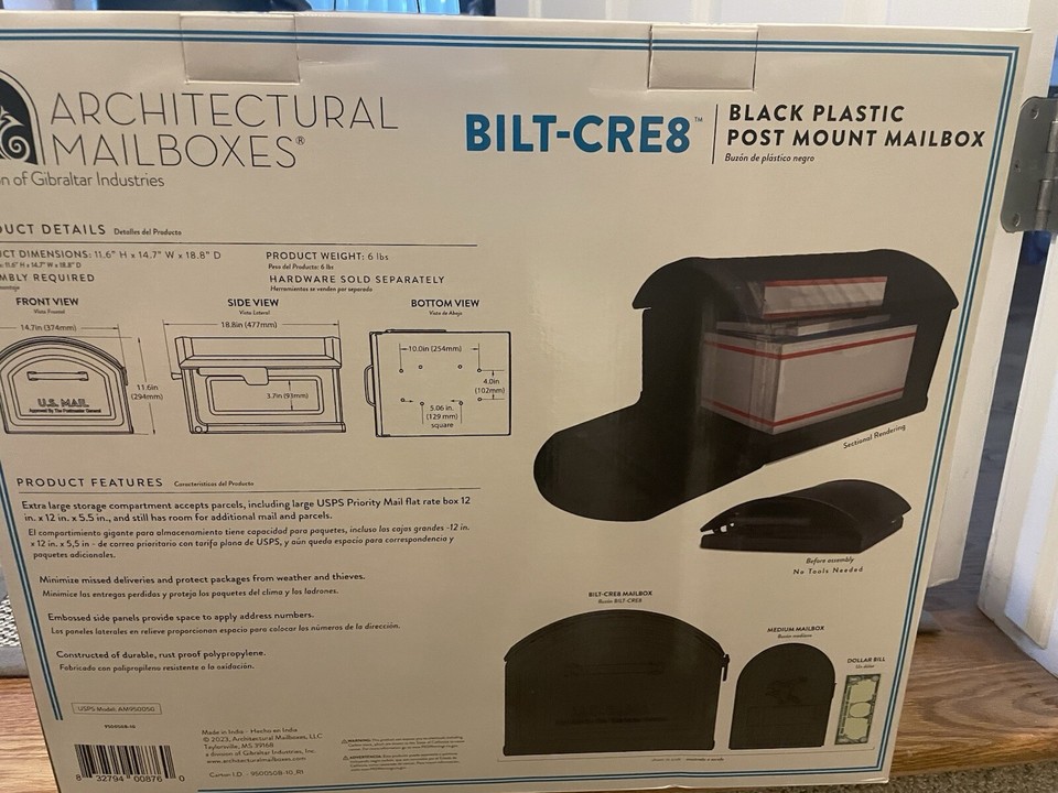 BILT CRE8 Black, Extra Large, Durable Plastic, Post Mount Mailbox ...
