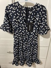 BNWT  Pretty Little Thing PLT Size 6 Dress Black With Blue Dots / White Flowers