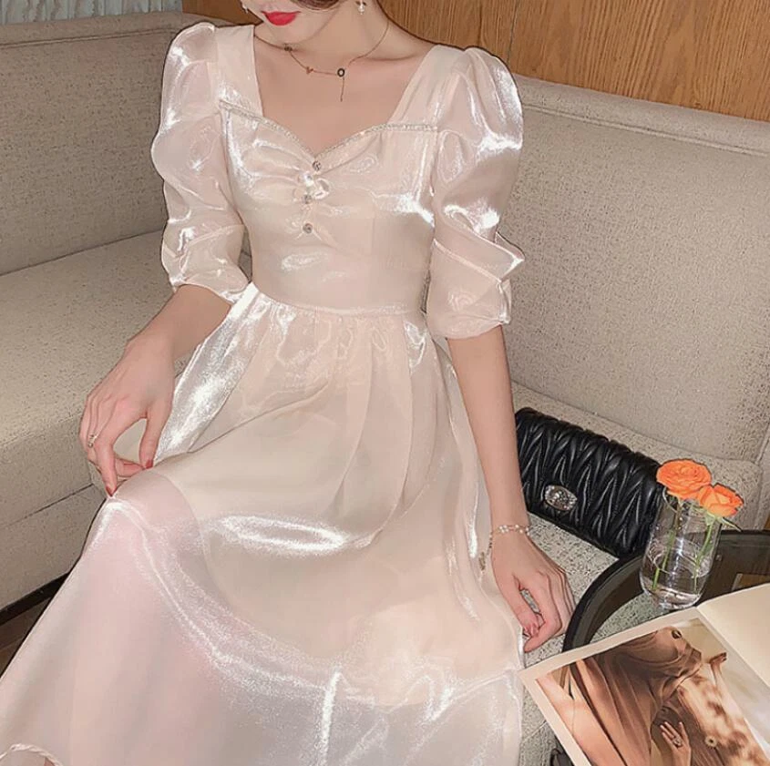 Women s Summer Apricot Sweet Dress Fashion Temperament Mid Length