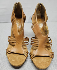 Nine West Womens Size 7 Brown Leather Pumps 3.5" Cone Heels Strappy Open Toe