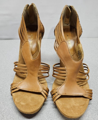 Nine West Womens Size 7 Brown Leather Pumps 3.5'' Cone Heels Strappy Open Toe