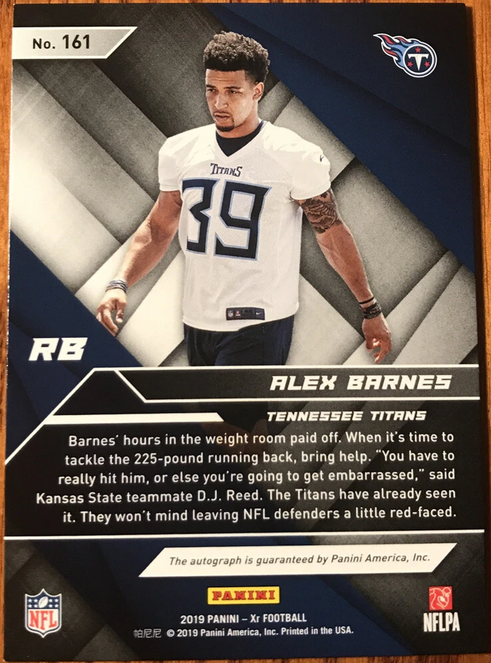2019 Panini XR Rookie Autograph Alex Barnes #161 Tennessee Titans #’d 116/199 - Image 2 of 3