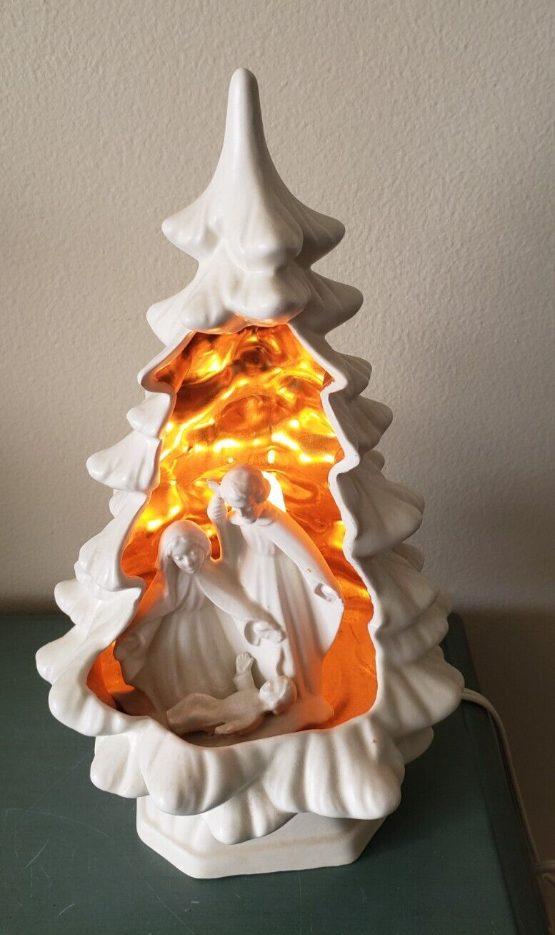 Vintage White & Gold Ceramic Christmas Tree Nativity Diorama with Light