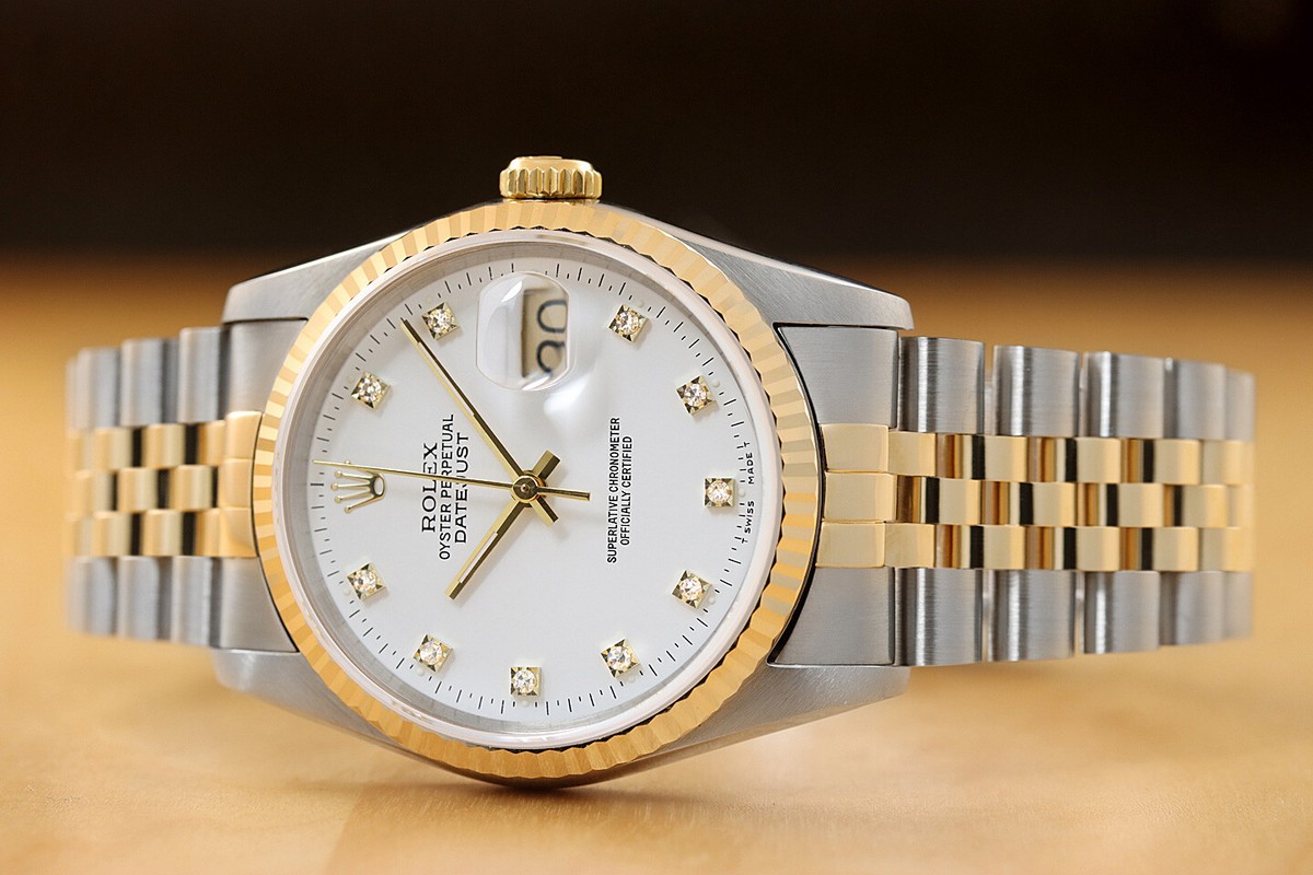 ROLEX MENS DATEJUST 16233 FACTORY DIAMOND 18K GOLD STAINLESS STEEL