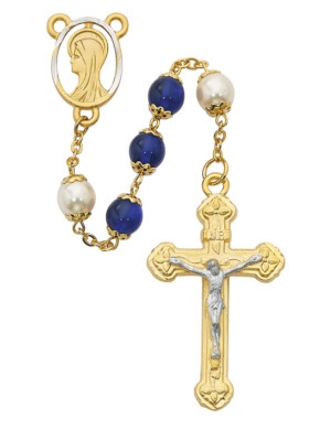 Blue Pearl Capped Bead Rosary Pewter Plate Center And INRI Crucifix 8mm Beads