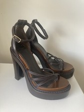 GIVENCHY-SIZE 40 (AUS 9)-VINTAGE GENUINE LEATHER DARK BROWN WOOD PLATFORM HEELS