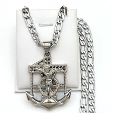 Stainless Steel Jewelry Jesus Anchor Crucifix Cross Pendant & Figaro Chain