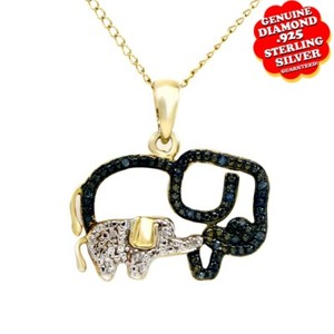 Authentic Elephant Baby & MoM Pendant 14K Yellow Gold Plated Blue & Natural Diamond Accent