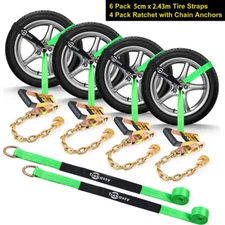 6 Pack Car Tie Down Straps with Chain Anchors Ratchet Tie Down Car Trailer Haule