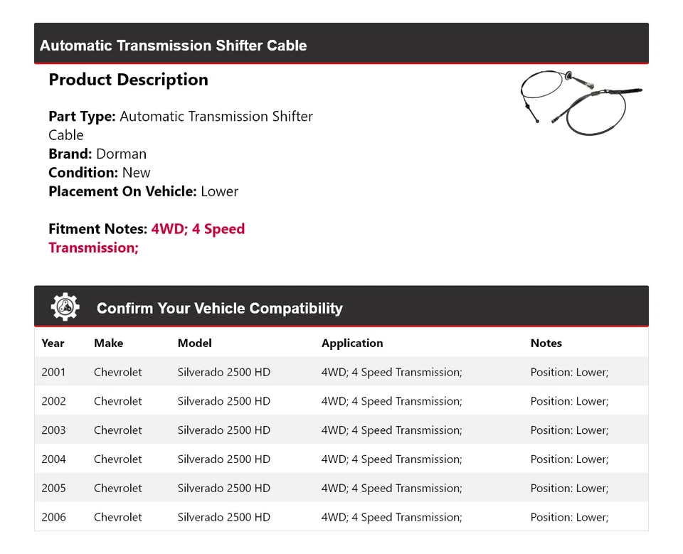 Cable de palanca de cambios inferior 2002 para Chevrolet Silverado 2500 HD 2001-2006 4x4 Dorman AT Foto 2 de 4