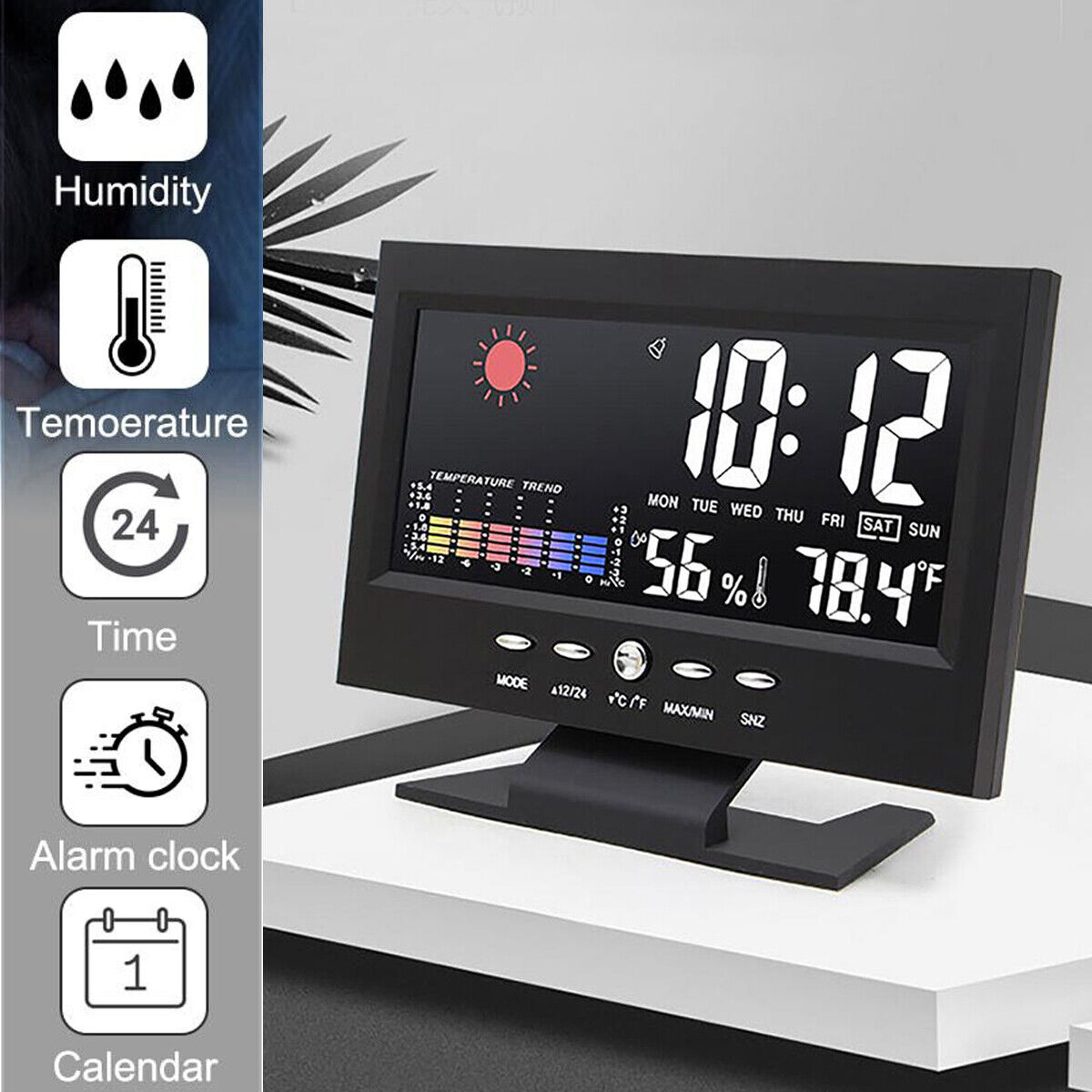 LCD Digital Alarm Wecker Tischuhr Funkwecker Snooze Temperaturanzeige Kalender