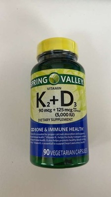 Spring Valley Vitamin K2 (90mcg) + D3 (125mcg) 90 Count Vegetarian Exp 06/26