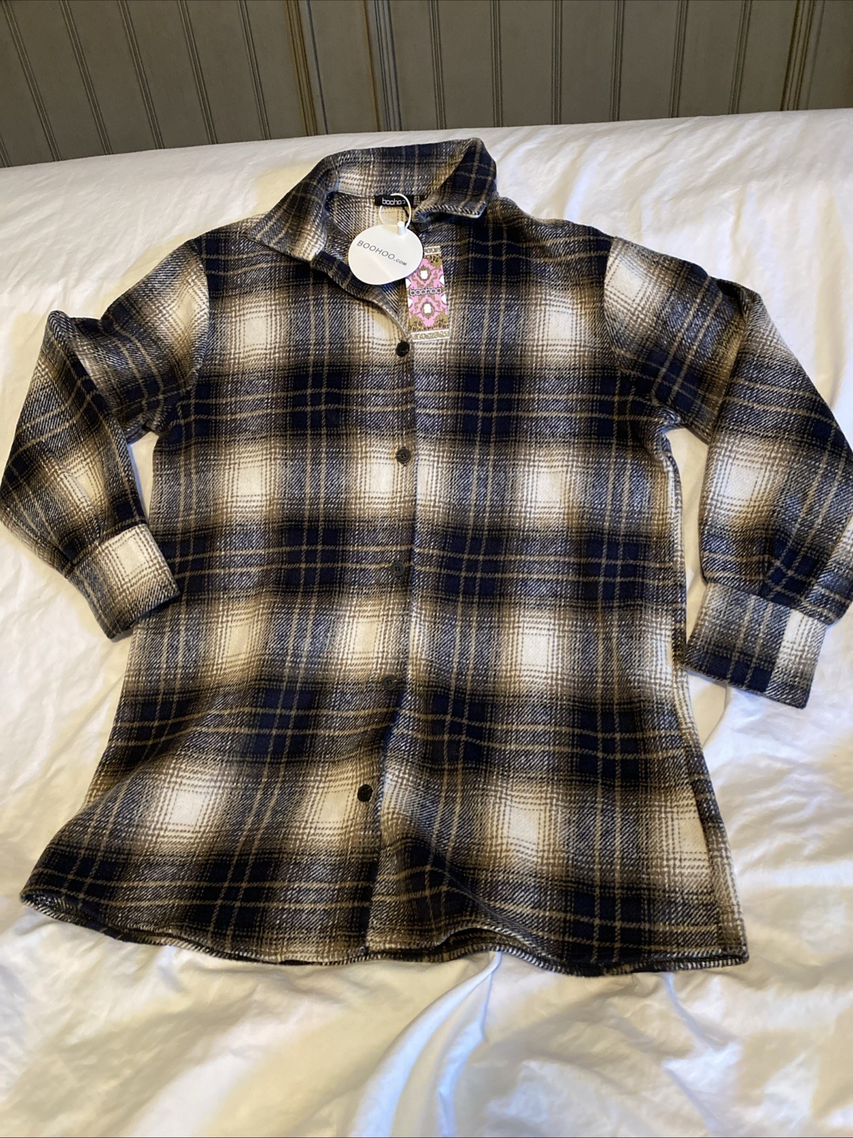 Boohoo Oversized Brushed Navy Check Plaid Flannel Long Sleeve Shirt US SZ 2 NWT