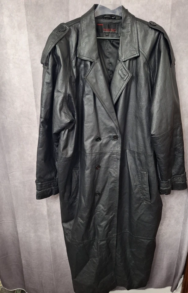 VTG Mens Genuine Leather Trench Coat Large Black Double Breasted Full Length Y2K - Image 2 of 4