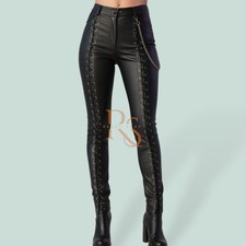Womens Genuine Lambskin Leather Pants Lace Up High Waist Skinny Biker Trousers