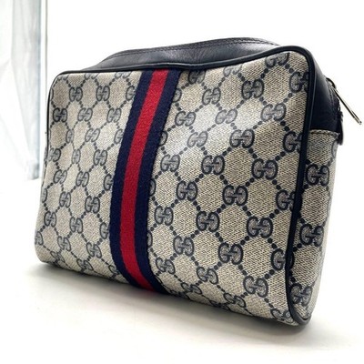 GUCCI Clutch Bag Sherry Line GG Supreme PVC Navy Stylish Unisex Auth