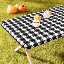 Rectangle Vinyl Table Cloth, Waterproof Elastic Fitted Tablecloth with Flanne...