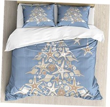 Christmas Duvet Cover Set, Nautical Elements Sea Life Theme with Noel Tree