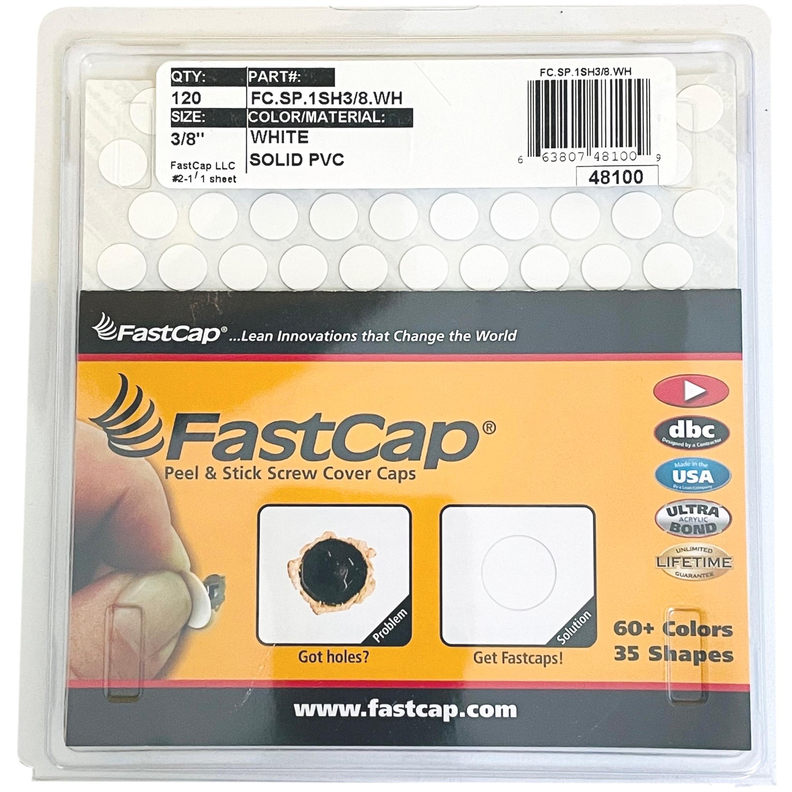 Fastcap Peel & Stick White Screw Cover Caps PVC 9mm (3/8"") x 120