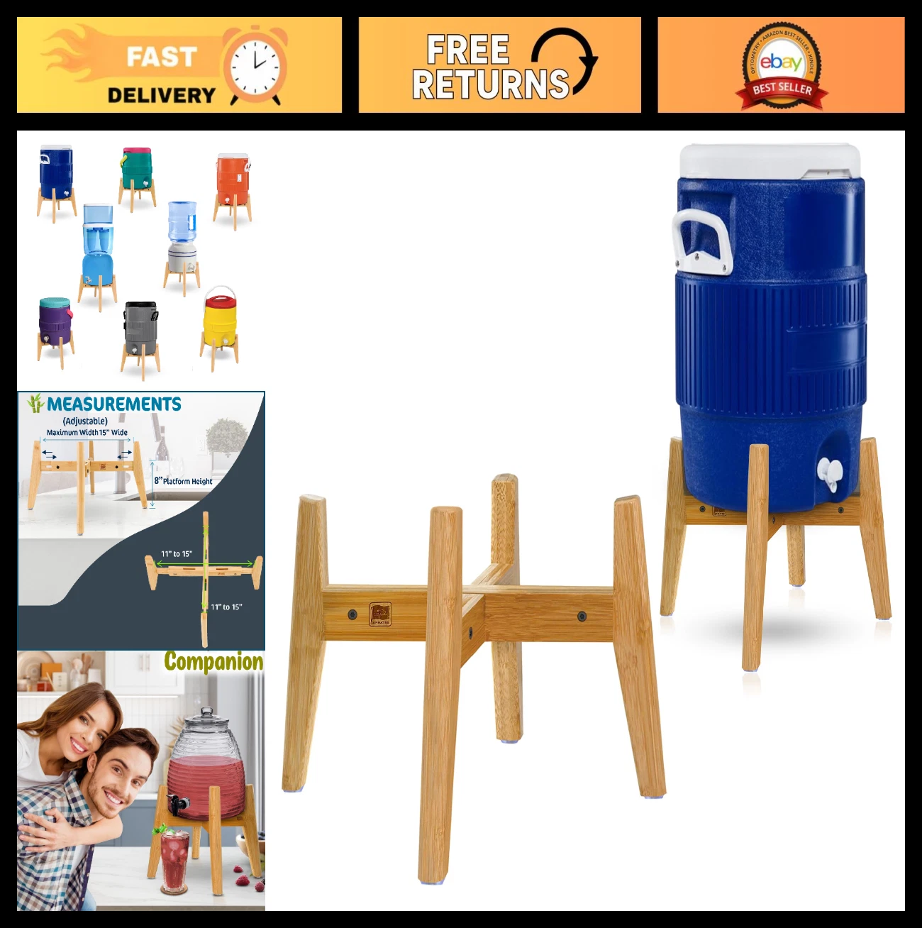 Adjustable Bamboo 5 Gallon Water Dispenser Stand for 3-5 Gallon Jugs & Bottles