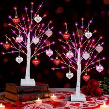 2 PCS 24 Inch Valentines Table Tree 65 Red Pink Lights 18 Heart Decor