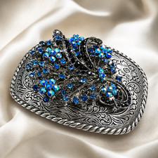 Blue Rhinestone Flower Belt Buckle Antique Silver Tone Western Cowgirl Bling