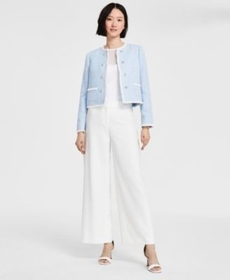 Tahari ASL Open-Front Cropped Bouclé Jacket Women 10 Ice Blue Hook & Eye Closure