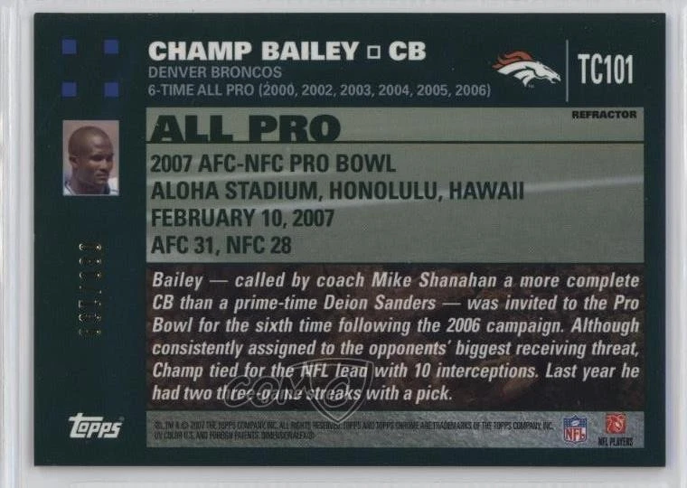 2007 Topps Chrome All-Pro Red Refractor /139 Champ Bailey #TC101 HOF - Image 2 of 2