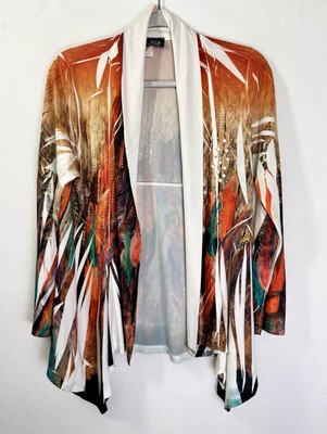 Vintage Jostar Open Front Cardigan Women s Small Orange Brown Feather Studded