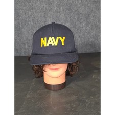 Vintage PR Navy Snapback Hat Mens Black Yellow Embroidered Military Cap USA Made