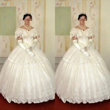 Elegant Victorian Wedding Dresses Off Shoulder Lace 3D Floral Bridal Ball Gowns