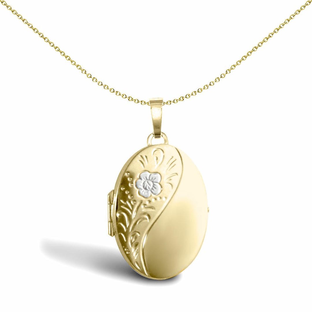 9ct 2-Colour Gold Jewelco London Engraved Flower Oval Locket Pendant