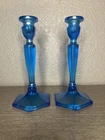 Fenton Florentine 449 Blue Stretch Glass Candlestick Holders - Set Of 2 - GLOW