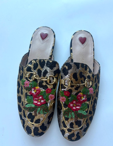 Auth Gucci Princetown Gold metallic Leopard Floral Embroidered Mules Size 38.5