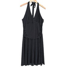 Eliza J Halter Dress Women 14 Black White Polka Dot Stretch Ruching Slimming Y2K