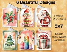 24 Greetings Cards - 6 designs -Christmas Holiday Cards with Envelopes - 5x7 #04