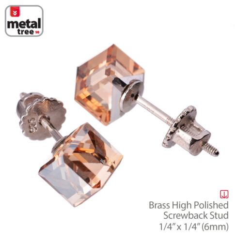 Men's Women's 925 Sterling Silver Crystal 3D Cube Stub Screw Back Earrings BROWN - Picture 3 of 3