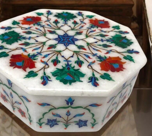Octagon White Marble Multi Inlay Stone Handmade Modern Traditional Jewelry Box - Picture 3 of 7