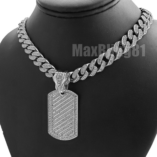 Icy Dog Tag Pendant & 12mm 16" 18" 20" 24" Iced Cuban Box Lock Chain Necklace - Picture 19 of 19