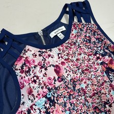 Speechless Women XS Navy Pink Floral Patchwork Strappy Cage Shoulder Shift Dress