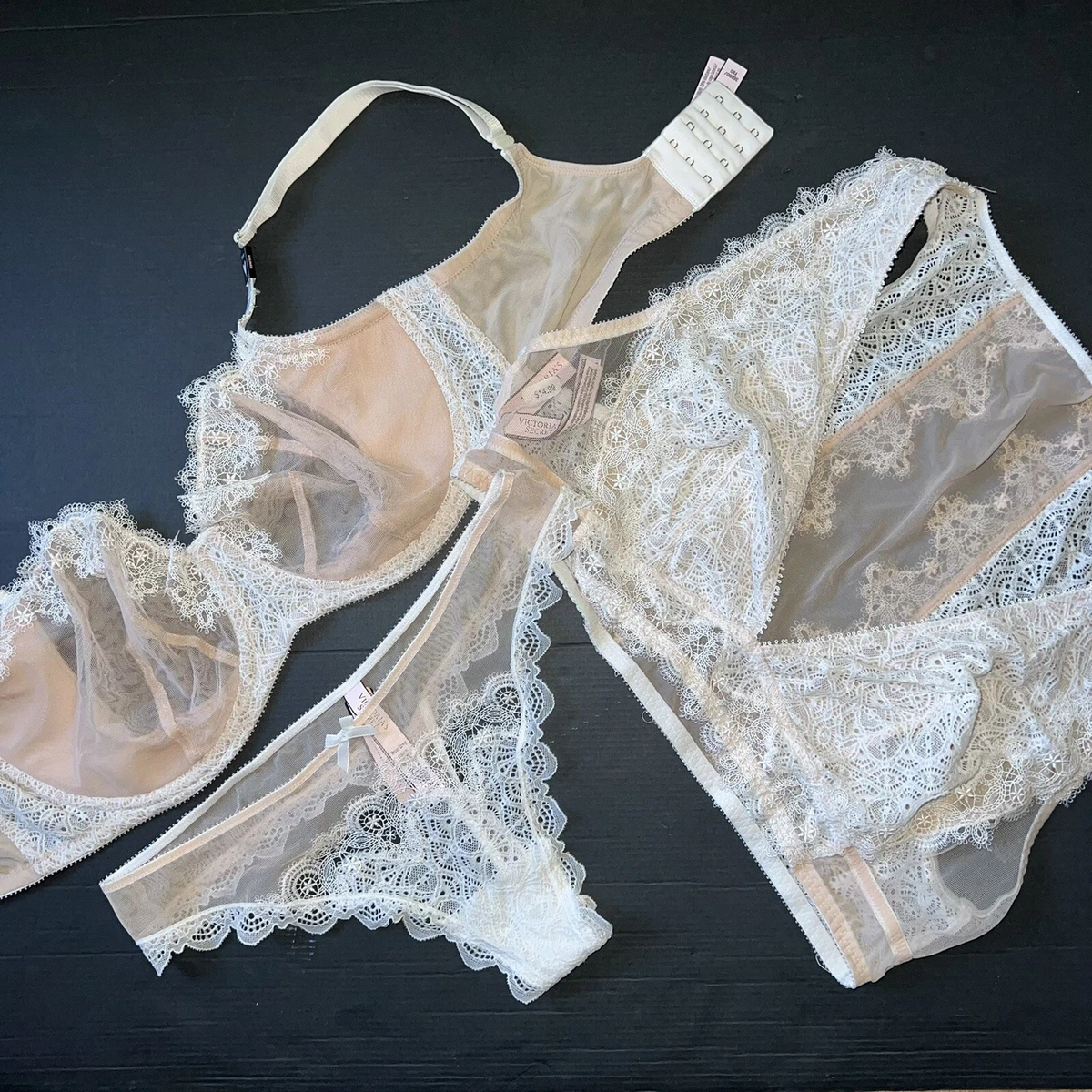 Victoria's Secret unlined 36C,36DDD BRA SET+BRALETTE BEIGE white lace  embroider