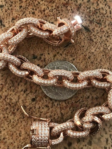 Icy Hip Hop Rolo Bracelet Rose Gold Plated Real Solid 925 Silver CZ 12mm - Picture 9 of 12