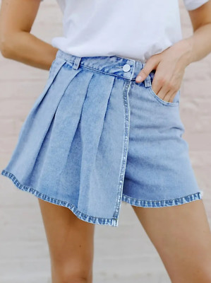 Denim flap shorts skort hi rise pleated front soft import Asian size L 29 x 10''