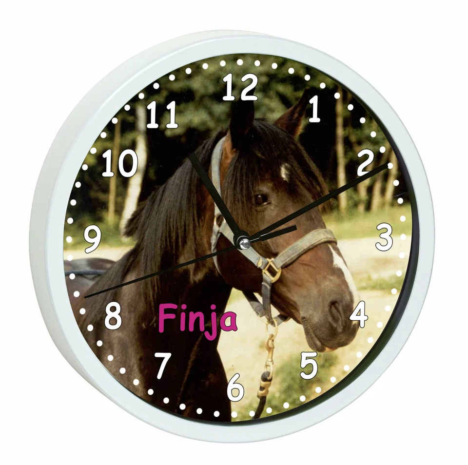 CREADESIGN Kinder Wanduhr Kinderzimmer Kinderuhr mit Namen leise lautlos Pferd Orignial